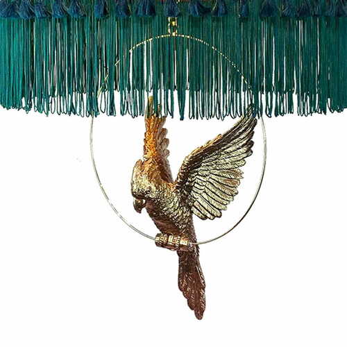 Skontrolujte Závesná lampa ANTIGUA zamatová červeno-zelená so zlatým papagájom 45 cm Las Plumas