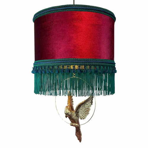 Skontrolujte Závesná lampa ANTIGUA zamatová červeno-zelená so zlatým papagájom 45 cm Las Plumas