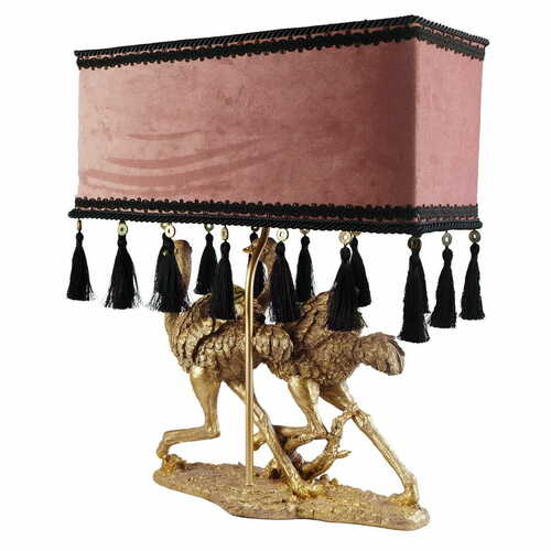 Skontrolujte Stojacia lampa Las Plumas Pili LPPL01 so zlatými pštrosmi a ružovým velúrovým tienidlom E27