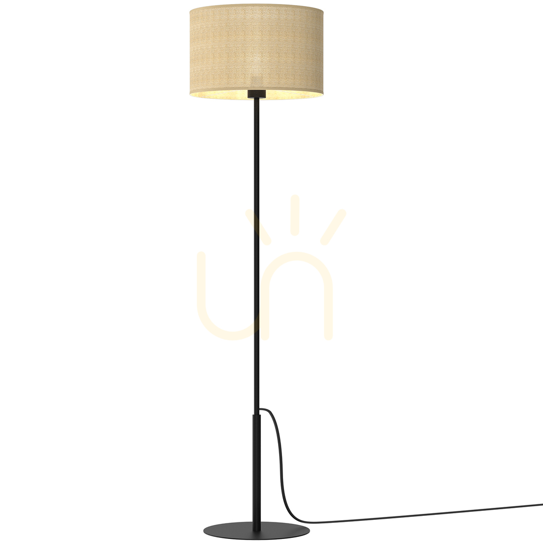 Stojaca lampa. Juta rovná, čierna, valcové tienidlo priemer 400, výška 200