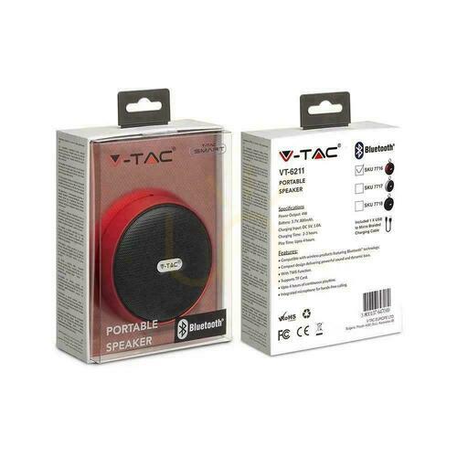 Skontrolujte Prenosný reproduktor Bluetooth Micro USB Vysokokvalitný kábel 800 mAh Červený V-TAC VT-6211