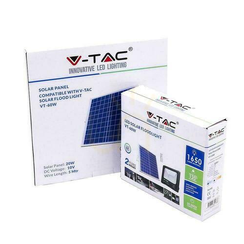 Skontrolujte V-TAC 20W solárny LED projektor čierny IP65, diaľkové ovládanie, časovač VT-60W 6000K 1650lm