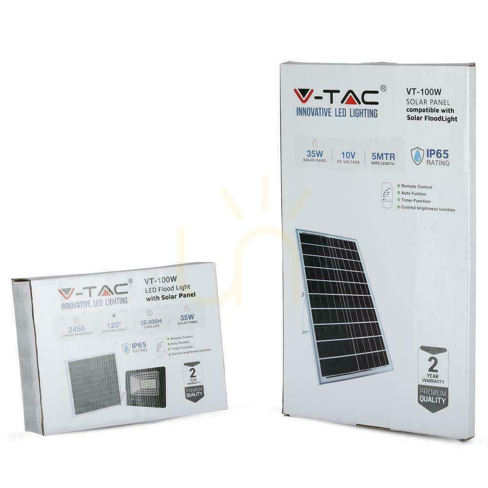 Náhľad V-TAC 35W solárny LED projektor čierny IP65, diaľkové ovládanie, časovač VT-100W 6000K 2450lm V-TAC 35W solárny LED projektor čierny IP65, diaľkové ovládanie, časovač VT-100W 6000K 2450lm