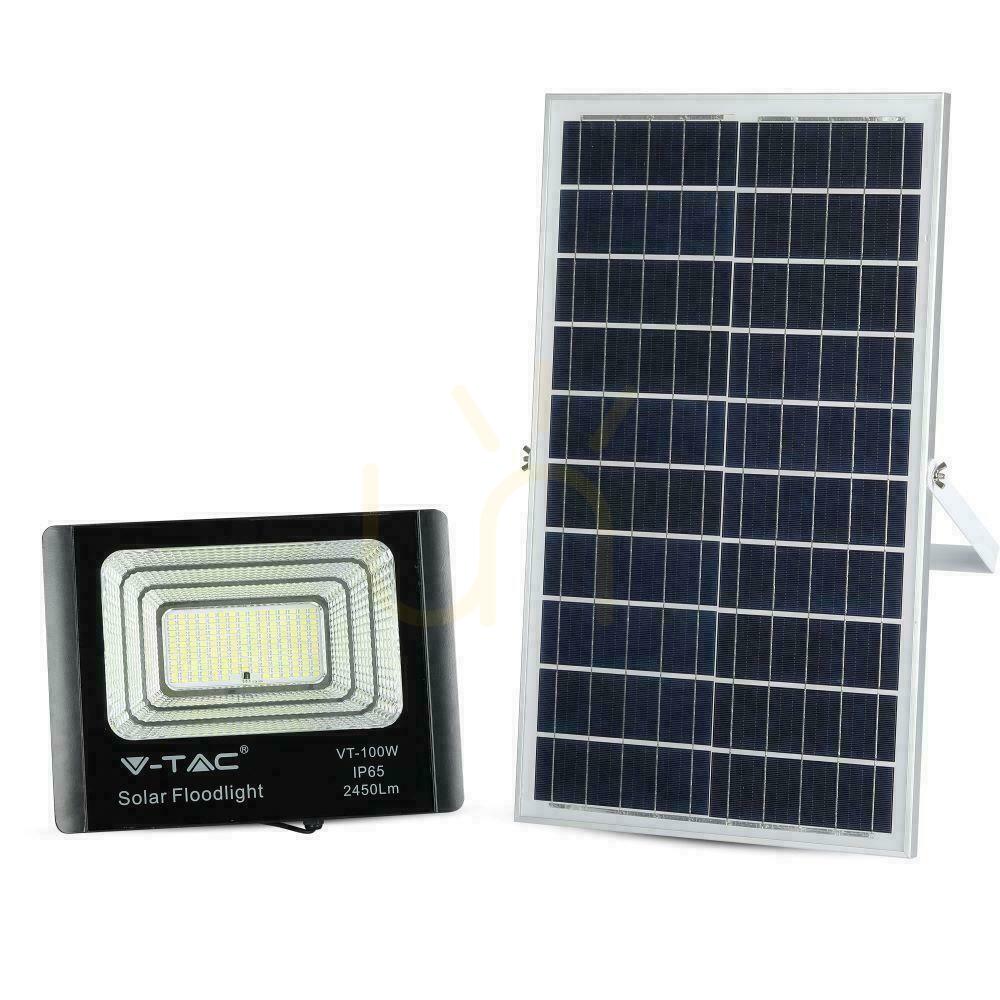 Skontrolujte V-TAC 35W solárny LED projektor čierny IP65, diaľkové ovládanie, časovač VT-100W 6000K 2450lm V-TAC 35W solárny LED projektor čierny IP65, diaľkové ovládanie, časovač VT-100W 6000K 2450lm