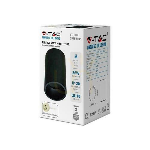 Skontrolujte V-TAC hliníková GU10 okrúhla rúrka na povrchovú montáž čierna 70x107mm VT-802 3 roky záruka