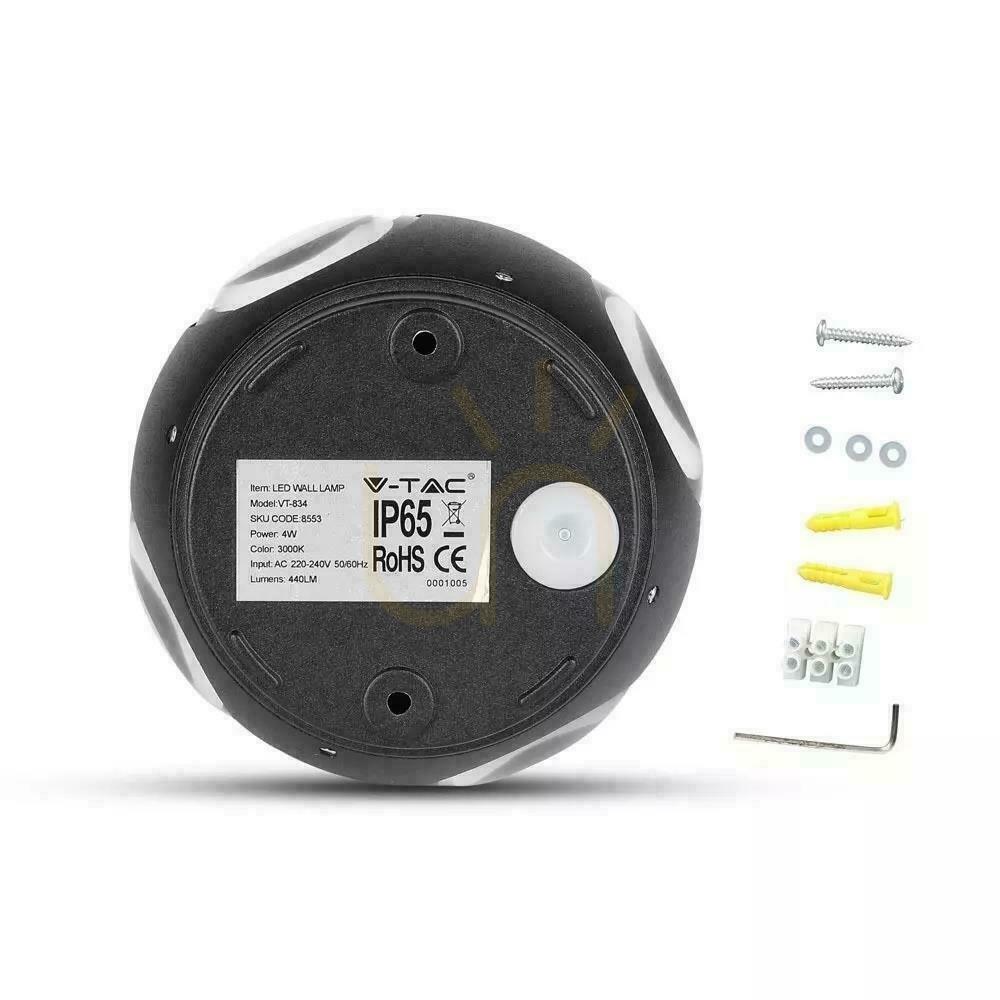 Displej Nástenné svietidlo V-TAC 4W LED čierne okrúhle IP65 VT-834-B 4000K 428lm. Nástenné svietidlo V-TAC 4W LED čierne okrúhle IP65 VT-834-B 4000K 428lm.