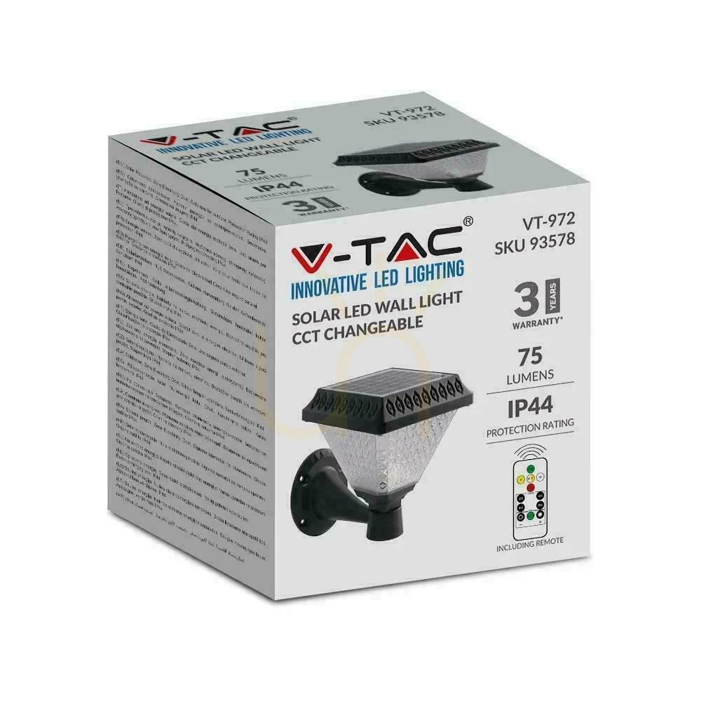 Náhľad V-TAC Solárna záhradná nástenná lampa s diaľkovým ovládaním 3v1 IP44 čierna štvorcová VT-972 3000K-4000K-6400K 75 3 roky záruka V-TAC Solárna záhradná nástenná lampa s diaľkovým ovládaním 3v1 IP44 čierna štvorcová VT-972 3000K-4000K-6400K 75 3 roky záruka