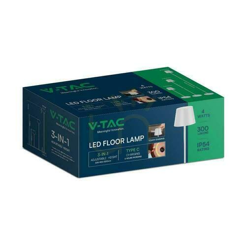 Skontrolujte V-TAC 4W LED podlahová lampa biela IP54 dobíjateľná VT-7544-W 3000K 300lm.