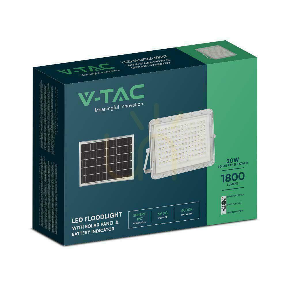 Displej V-TAC 20W solárny LED projektor s diaľkovým ovládaním, AUTO, časovač, IP65 biely VT-180W-W 6400K 1800lm V-TAC 20W solárny LED projektor s diaľkovým ovládaním, AUTO, časovač, IP65 biely VT-180W-W 6400K 1800lm