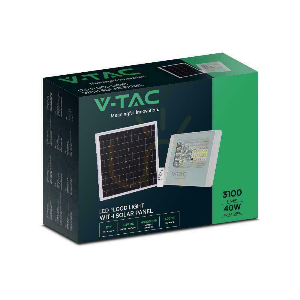 Displej V-TAC Solárny LED projektor 40W biely IP65, diaľkové ovládanie, časovač VT-200W 6400K 3100lm. V-TAC Solárny LED projektor 40W biely IP65, diaľkové ovládanie, časovač VT-200W 6400K 3100lm.
