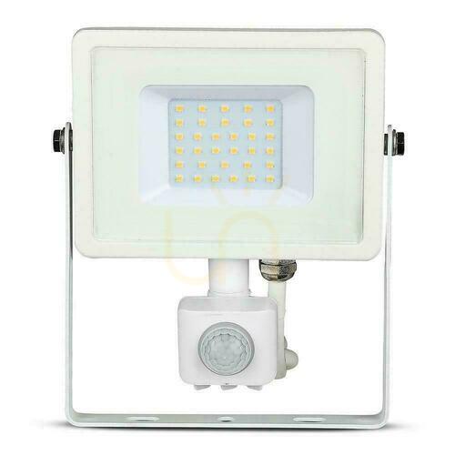 Skontrolujte V-TAC 30W SAMSUNG CHIP LED projektor Senzor pohybu s funkciou vypnutia biely VT-30-S-W 3000K 2400lm 5 rokov záruka