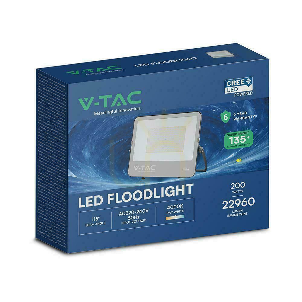 Šou LED projektor V-TAC CREE CHIP 200W 135lm/W čierne puzdro kábel 1m IP65 VT-44201 6500K 27000lm 6 rokov záruka LED projektor V-TAC CREE CHIP 200W 135lm/W čierne puzdro kábel 1m IP65 VT-44201 6500K 27000lm 6 rokov záruka
