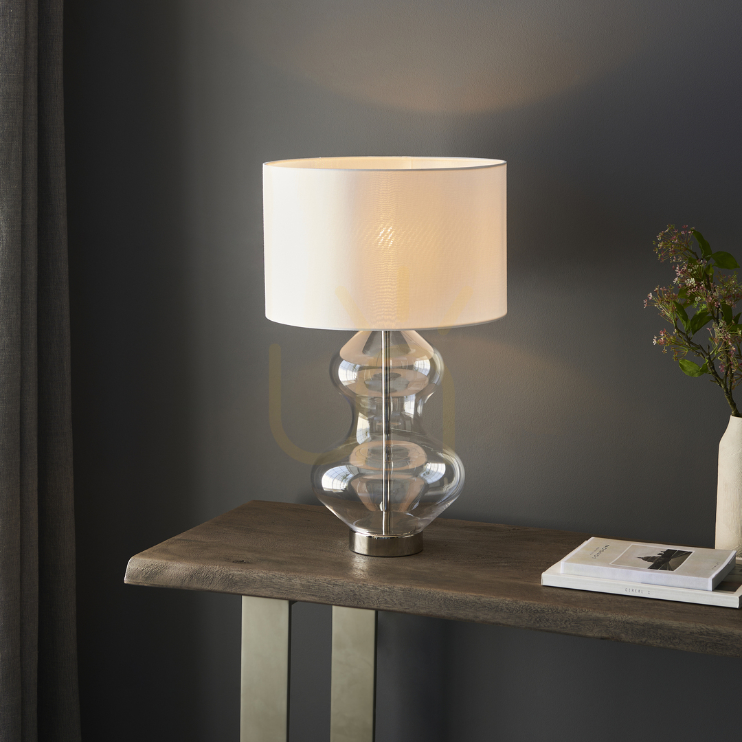 Šou Stolová lampa Endon Kelda strieborná vintage biela látka E27 Stolová lampa Endon Kelda strieborná vintage biela látka E27