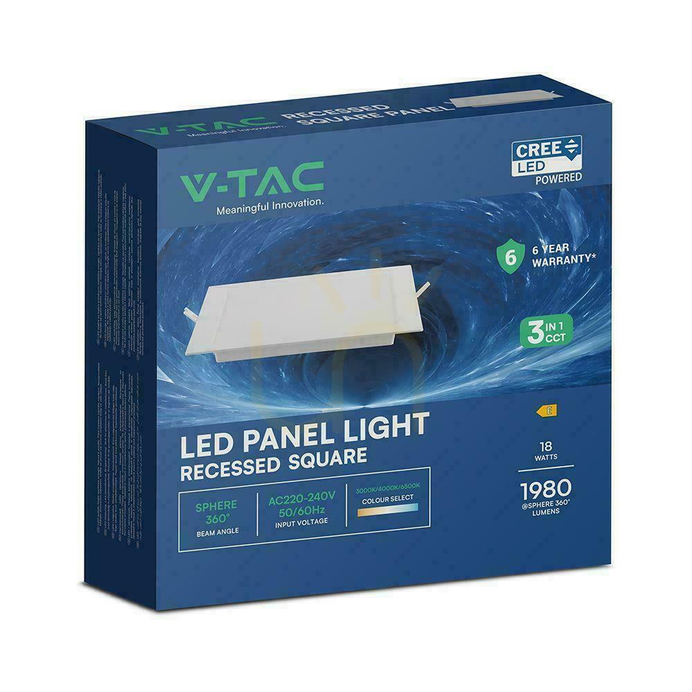 Skontrolujte V-TAC 18W LED CREE CHIP zapustené stropné svietidlo štvorcové 220x220mm VT-61018CCT 1980lm 6 rokov záruka V-TAC 18W LED CREE CHIP zapustené stropné svietidlo štvorcové 220x220mm VT-61018CCT 1980lm 6 rokov záruka