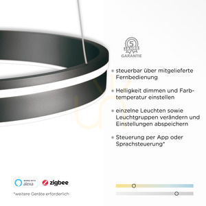 Závesné LED svietidlo Q-VITO 8412-13, antracitové, Ø 79,4 cm, 65 W, 7000 lm, CCT 2700–5000 K, diaľkový ovládač, ZigBee small 3