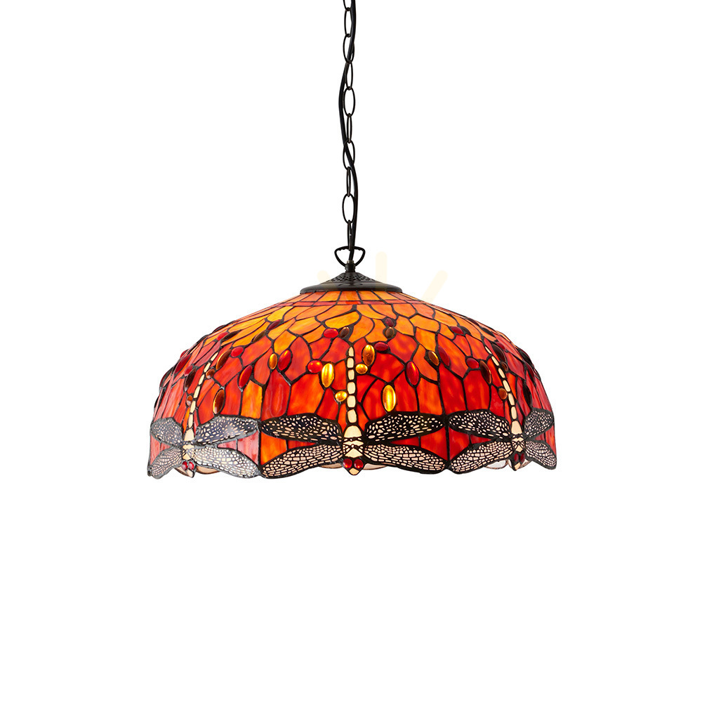 Interiors Dragonfly Tiffany Pendant Light Multicolor Glass Steel 3-Light 50 cm 64082