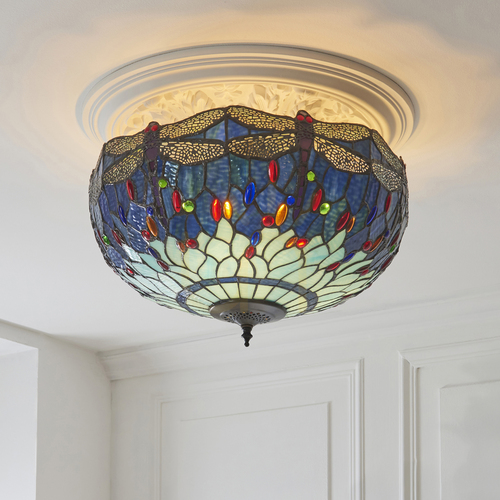 Skontrolujte Tiffany stropné svetlo Interiors Dragonfly modré 50 cm 3x E27 111899
