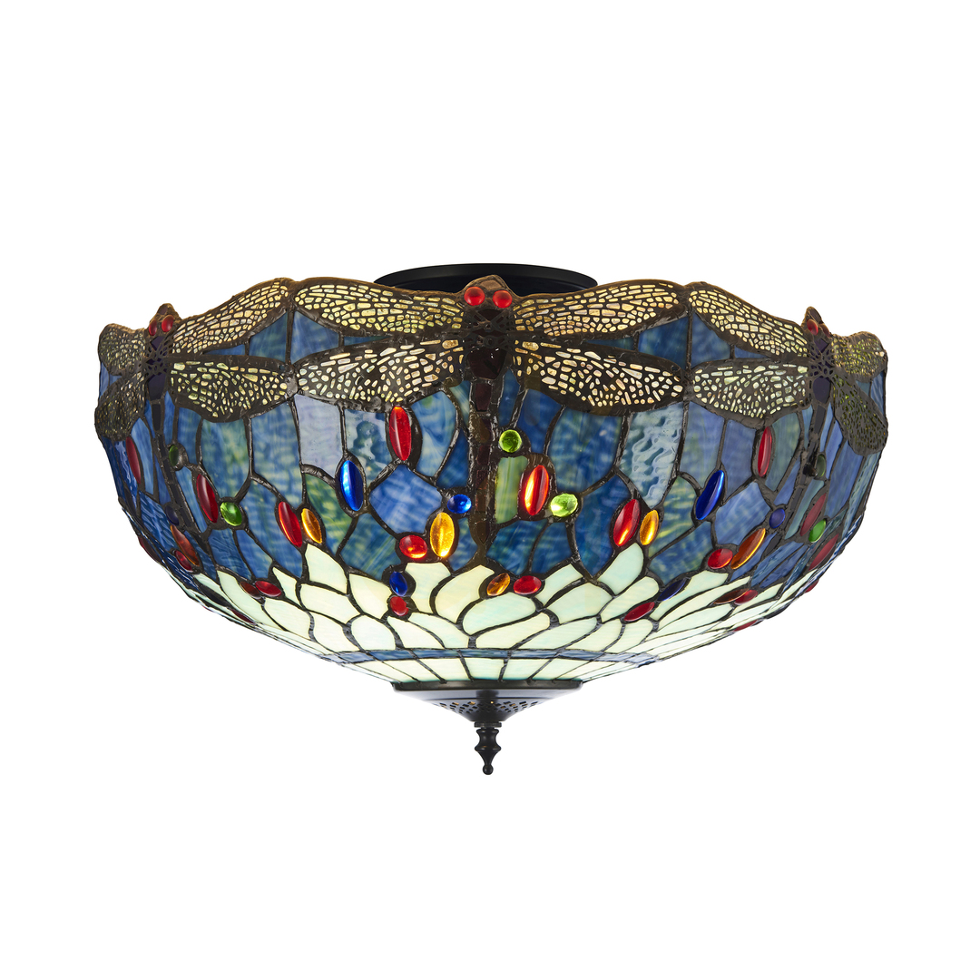 Ceiling Lamp Interiors Dragonfly Tiffany Blue Glass Steel 3-Light 50 cm 111899