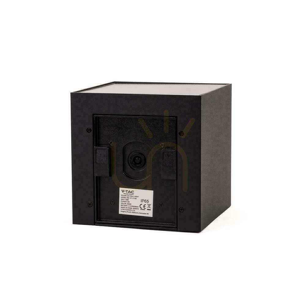 Displej Solárne nástenné svietidlo V-TAC 9 W LED COB, nastaviteľné, čierne štvorcové, 15 × 15 cm, IP65, VT-11109, 3000 K, 860 lm Solárne nástenné svietidlo V-TAC 9 W LED COB, nastaviteľné, čierne štvorcové, 15 × 15 cm, IP65, VT-11109, 3000 K, 860 lm
