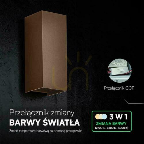 Skontrolujte Nástenné svietidlo V-TAC 10 W LED COB, hnedá farba Corten, IP65, nastavenie farebnej teploty CCT VT-120112-C 2700 K – 3200 K – 4000 K, 1250 lm