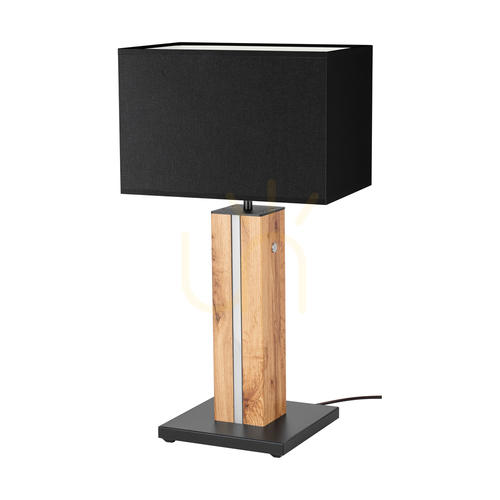 Skontrolujte Stolná lampa Flamo, dub/čierna, čierne tienidlo, 1xE27 + 1xLED 4,6 W, 30 cm