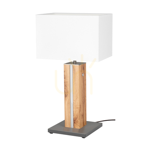 Skontrolujte Stolná lampa Flamo, dub/sivá, biele tienidlo, 1xE27 + 1xLED 4,6 W, 30 cm
