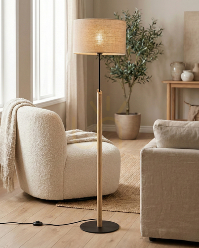 Skontrolujte Stojaca lampa Brinova CANVA, olejovaný dub/čierna, béžové tienidlo, 1×E27, Ø40 cm