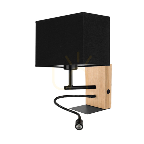 Skontrolujte Nástenná svietidlo Lector, olejovaný dub/čierna, čierny tienidlo, 1xE27 + 1xLED 2,8 W, 22 cm