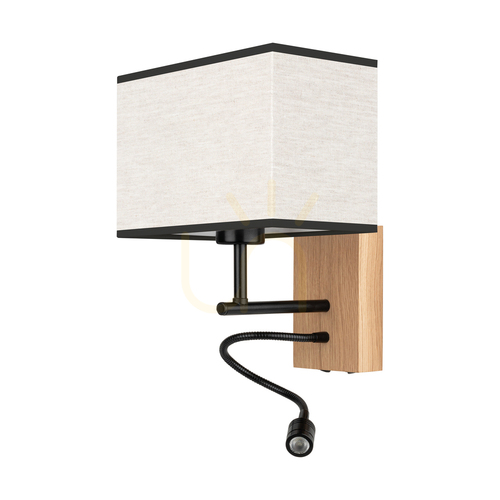 Skontrolujte Nástenná svietidlo Lector, olejovaný dub/čierna, béžovo-čierny tienidlo, 1xE27 + 1xLED 2,8 W, 22 cm