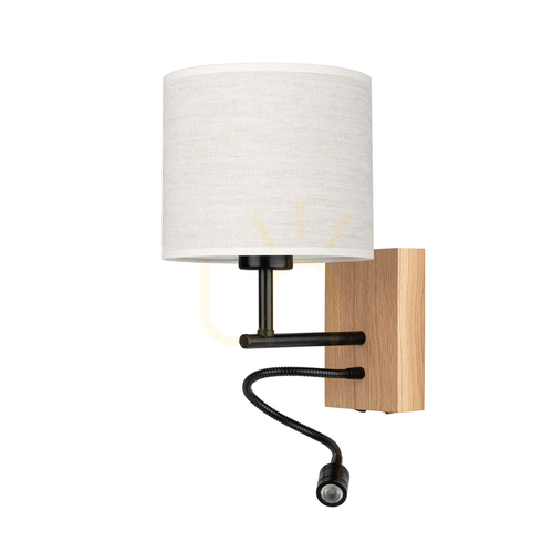Skontrolujte Nástenná svietidlo Lector, olejovaný dub/čierna, béžový tienidlo, 1xE27 + 1xLED 2,8 W, 21,5 cm