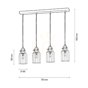 Závesné svietidlo Alessandro, 4xE27, Max. 60 W, olejovaný dub / čierny kov / priehľadný PVC kábel / priehľadný sklenený tienidlo, 75 cm small 2