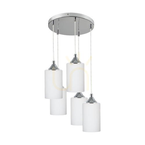 Skontrolujte Závesné svietidlo Bosco Mix, 5xE27, Max. 60 W, chrómovaný kov / priehľadný PVC kábel / biele sklenené tienidlo, Ø 40 cm