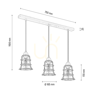 Závesné svietidlo Chicka, 3xE27, Max. 60 W, breza/čierny kov/čierny PVC kábel/stínidlo z číreho skla, 75 cm small 3
