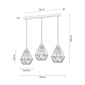 Závesné svietidlo Diament, 3xE27, Max. 60 W, olejovaný dub/čierny kov/čierny PVC kábel/čierny kovový tienidlo, 80 cm small 3
