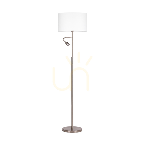 Skontrolujte Stojaca lampa Eros, 1xE27 (max.. 60 W), 1x LED 3000 K 3 W, saténový kov / priehľadný PVC kábel / biele tienidlo Ø 40 cm
