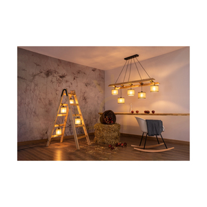 Stojaca lampa Eskalo, 4xE27, Max. 15 W LED, borovica morená na hnedo / čierny PVC kábel / béžové ľanové tienidlo s čiernym lemovaním, 82 cm small 3