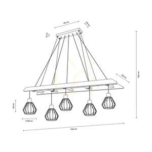 Závesné svietidlo Eskalo, 5xE27, Max. 60 W, borovica v odtieni orech / čierny kov / čierny PVC kábel / čierny kovový tienidlo, 154 cm small 3