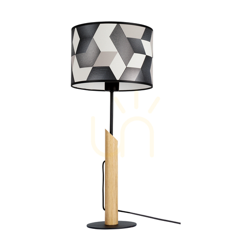 Skontrolujte Stolná lampa Espacio, 1xE27, Max. 60 W, olejovaný dub / čierny kov / čierny PVC kábel / viacfarebný tienidlo z tapety, Ø 27 cm
