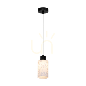 Závesné svietidlo Flores, 1xE27, Max. 60 W, čierny kov / priehľadný PVC kábel / biele sklenené tienidlo s kvetinovým vzorom, Ø 10 cm small 1