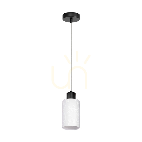Skontrolujte Závesné svietidlo Flores, 1xE27, Max. 60 W, čierny kov / priehľadný PVC kábel / biele sklenené tienidlo s kvetinovým vzorom, Ø 10 cm