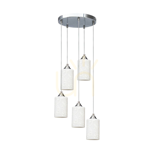 Skontrolujte Závesné svietidlo „Flowers“, 5xE27, Max. 60 W, chrómovaný kov / priehľadný PVC kábel / biele sklenené tienidlo s kvetinovým vzorom, Ø 35 cm