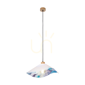 Kvetinové závesné svietidlo Hattu, 1xE27, max.. 40 W, olejovaný dub / čierny opletený kábel / biely a viacfarebný tienidlo Ø 50 cm small 1