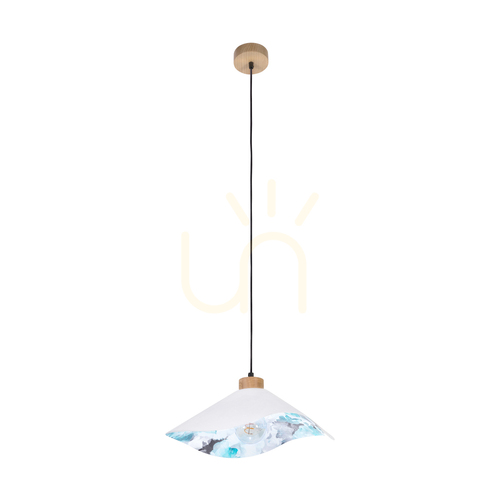 Skontrolujte Kvetinové závesné svietidlo Hattu, 1xE27, max.. 40 W, olejovaný dub / čierny opletený kábel / biely a viacfarebný tienidlo Ø 40 cm