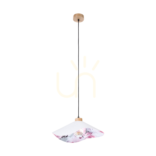 Skontrolujte Kvetinové závesné svietidlo Hattu, 1xE27, max.. 40 W, olejovaný dub / čierny opletený kábel / sivý a viacfarebný tienidlo, Ø 40 cm