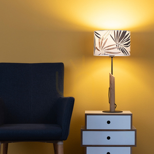 Stolná lampa Hoja, 1xE27, Max. 60 W, olejovaný dub / čierny kov / čierny opletený kábel / viacfarebný tienidlo v štýle tapety, Ø 27 cm small 2