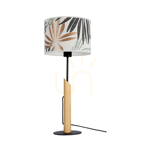 Skontrolujte Stolná lampa Hoja, 1xE27, Max. 60 W, olejovaný dub / čierny kov / čierny opletený kábel / viacfarebný tienidlo v štýle tapety, Ø 27 cm