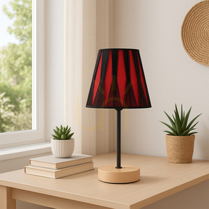Stolná lampa Mila Wood, 1xE14, Max. 40 W, breza/čierny kov/čierny PVC kábel/čierno-červené tienidlo, Ø 14 cm small 1