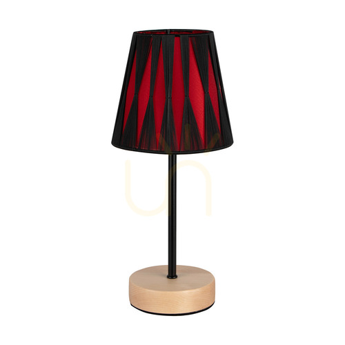 Skontrolujte Stolná lampa Mila Wood, 1xE14, Max. 40 W, breza/čierny kov/čierny PVC kábel/čierno-červené tienidlo, Ø 14 cm