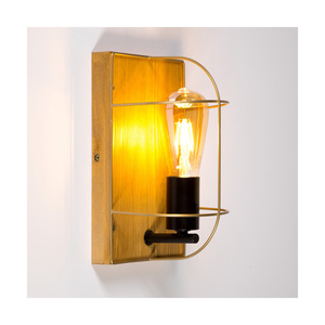 Nástenná svietidlo Netuno, 1xE27, Max. 15 W LED, borovica morená na hnedo / čierny kov / zlatý kovový tienidlo, 15 cm small 4