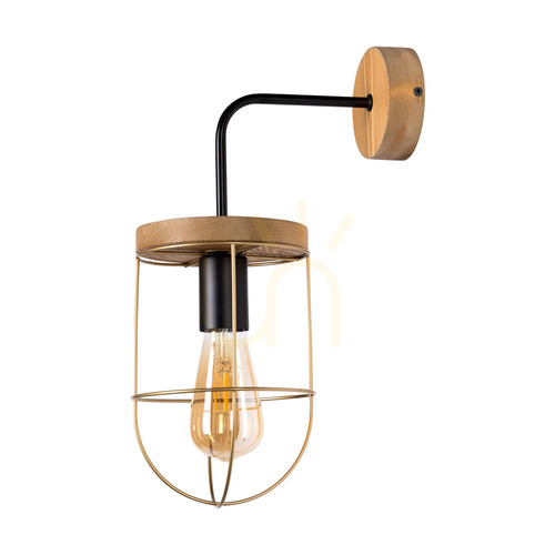Skontrolujte Nástenná svietidlo Netuno, 1xE27, Max. 25 W LED, borovica s hnedým náterom / čierny kov / zlatý kovový tienidlo, 25 cm